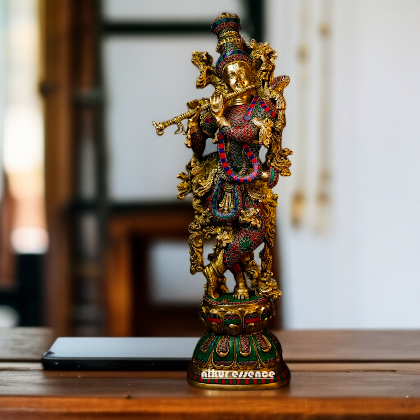 Large Krishna Playing Flute Brass with stone work idol - 31 Inches Nikuressence