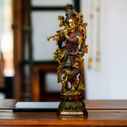 Large Krishna Playing Flute Brass with stone work idol - 31 Inches Nikuressence