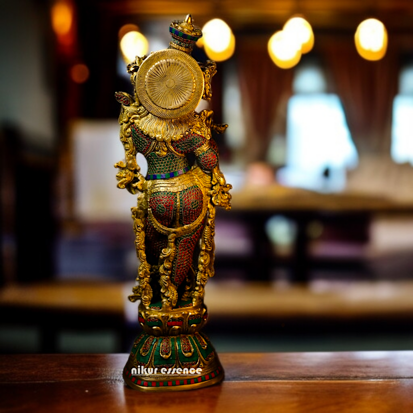 Large Krishna Playing Flute Brass with stone work idol - 31 Inches Nikuressence