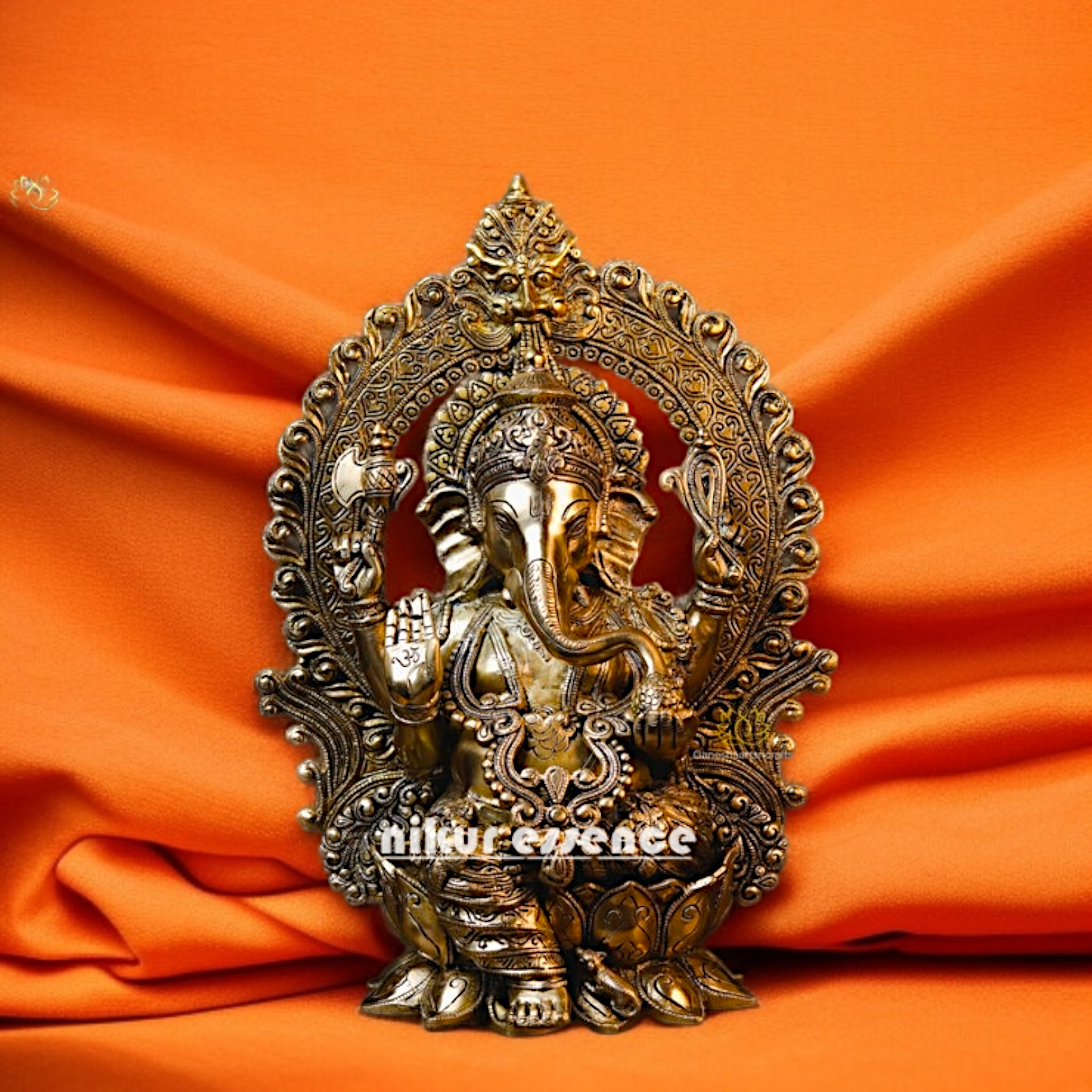 Solid Brass Ganesha Blessing with seated on lotus statue - 15.354 inches Nikuressence