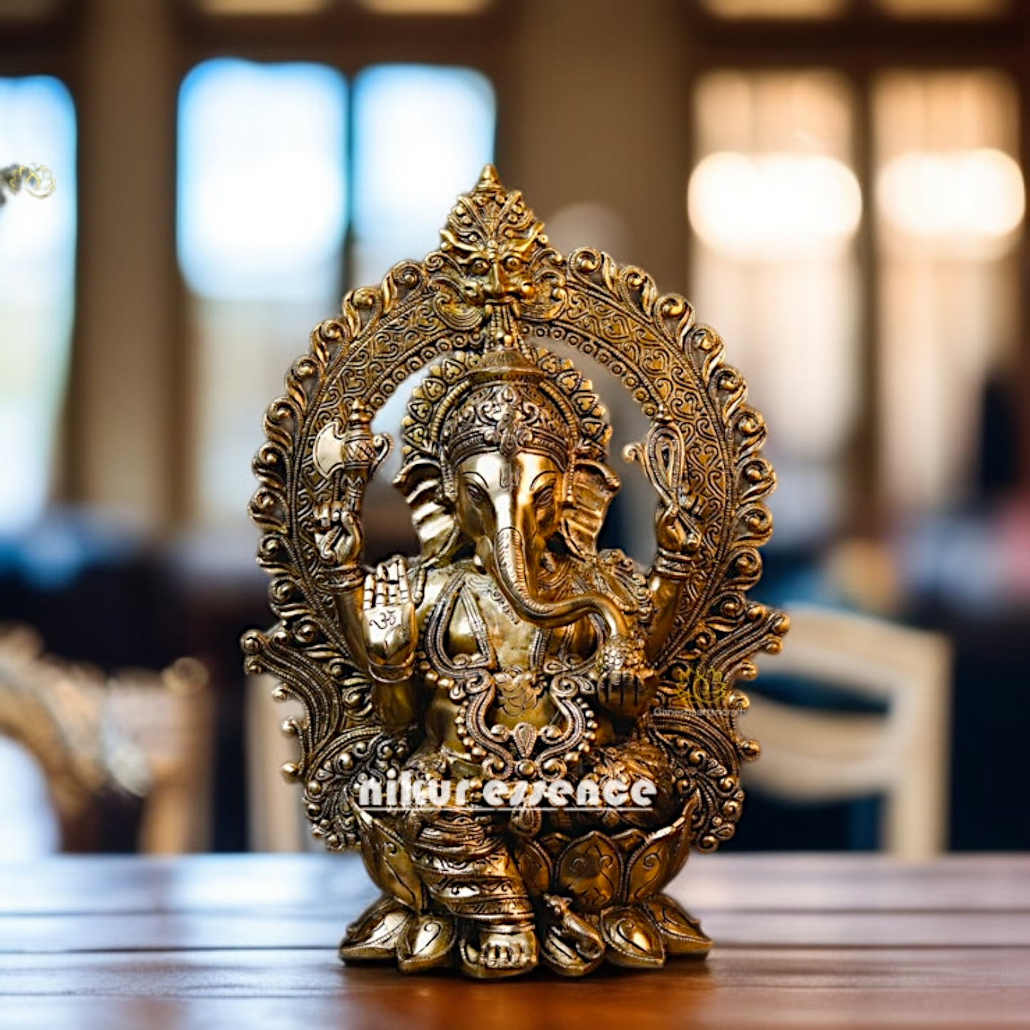 Solid Brass Ganesha Blessing with seated on lotus statue - 15.354 inches Nikuressence
