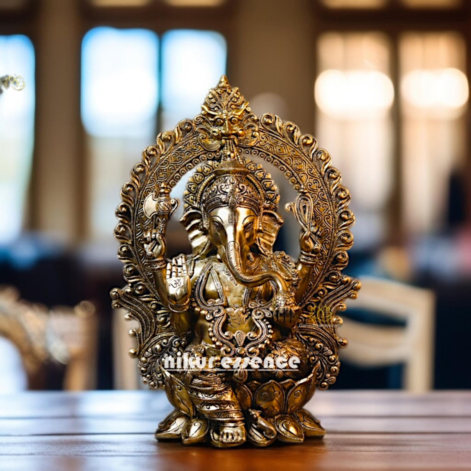 Solid Brass Ganesha Blessing with seated on lotus statue - 15.354 inches Nikuressence