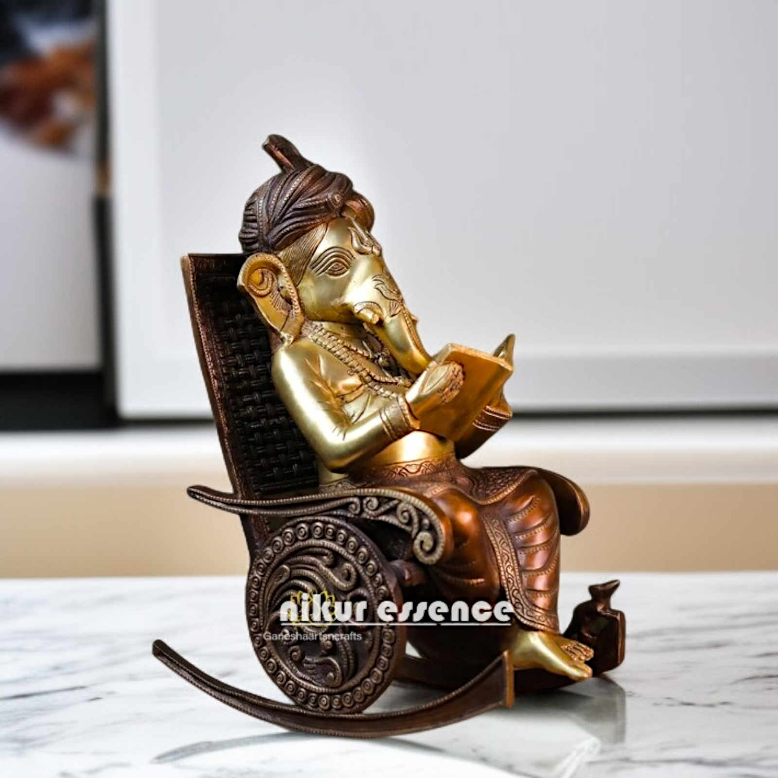 Brass Ganesha swing chair with mushak statue - 16 Inches Nikuressence