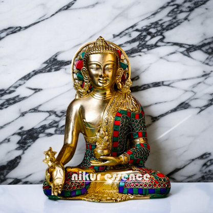 Lord Buddha Sitting with Blessing Home decor Brass stone work idol - 10 Inches Nikuressence