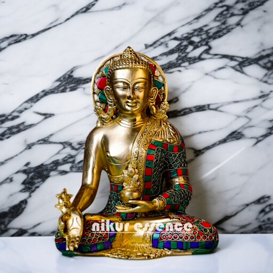 Lord Buddha Sitting with Blessing Home decor Brass stone work idol - 10 Inches Nikuressence