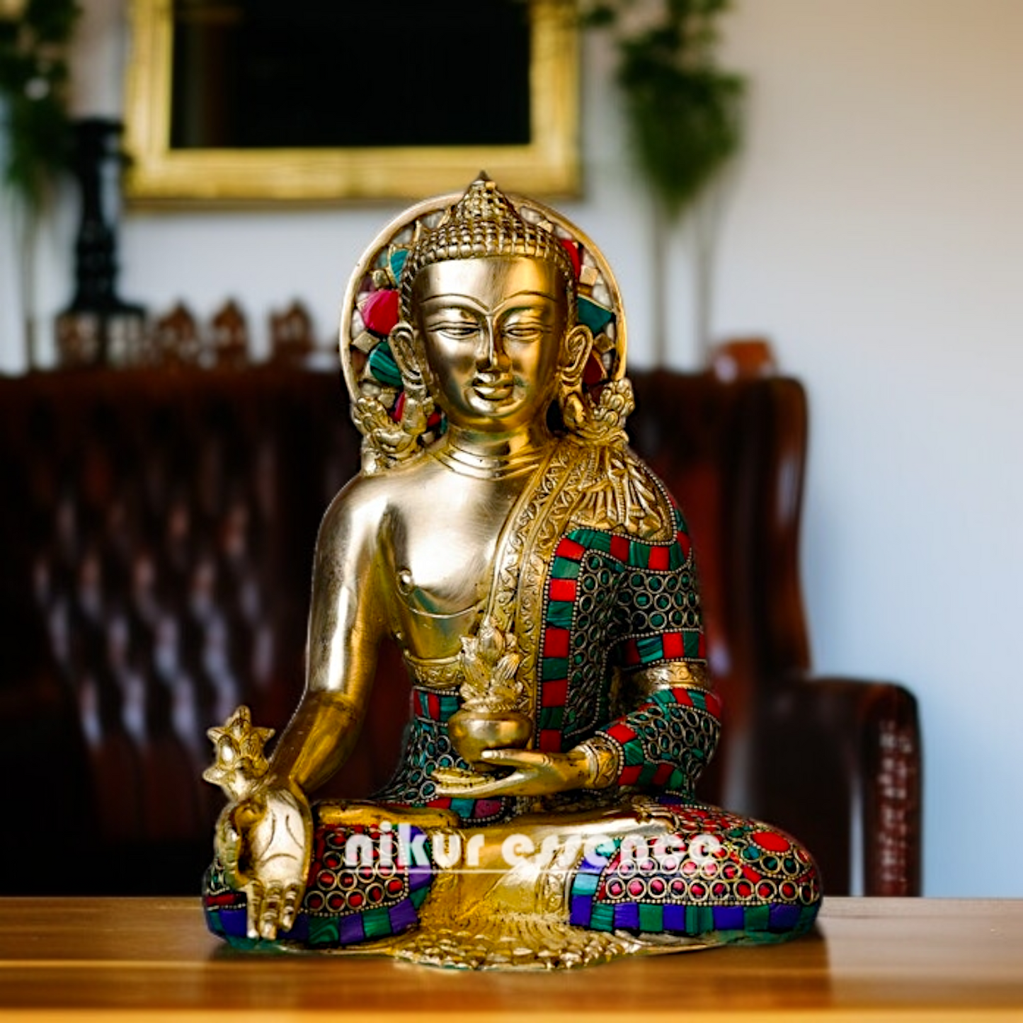 Lord Buddha Sitting with Blessing Home decor Brass stone work idol - 10 Inches Nikuressence