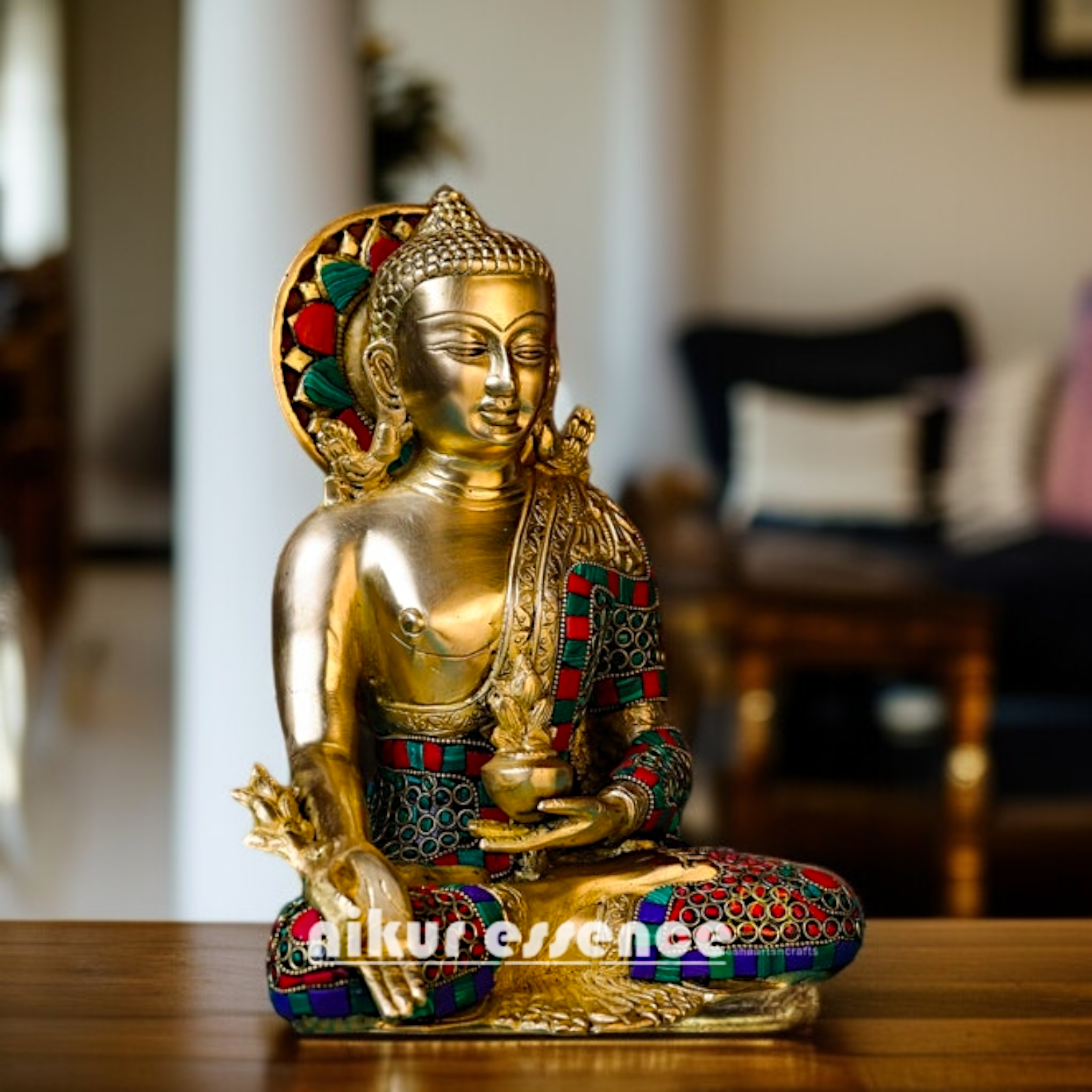 Lord Buddha Sitting with Blessing Home decor Brass stone work idol - 10 Inches Nikuressence