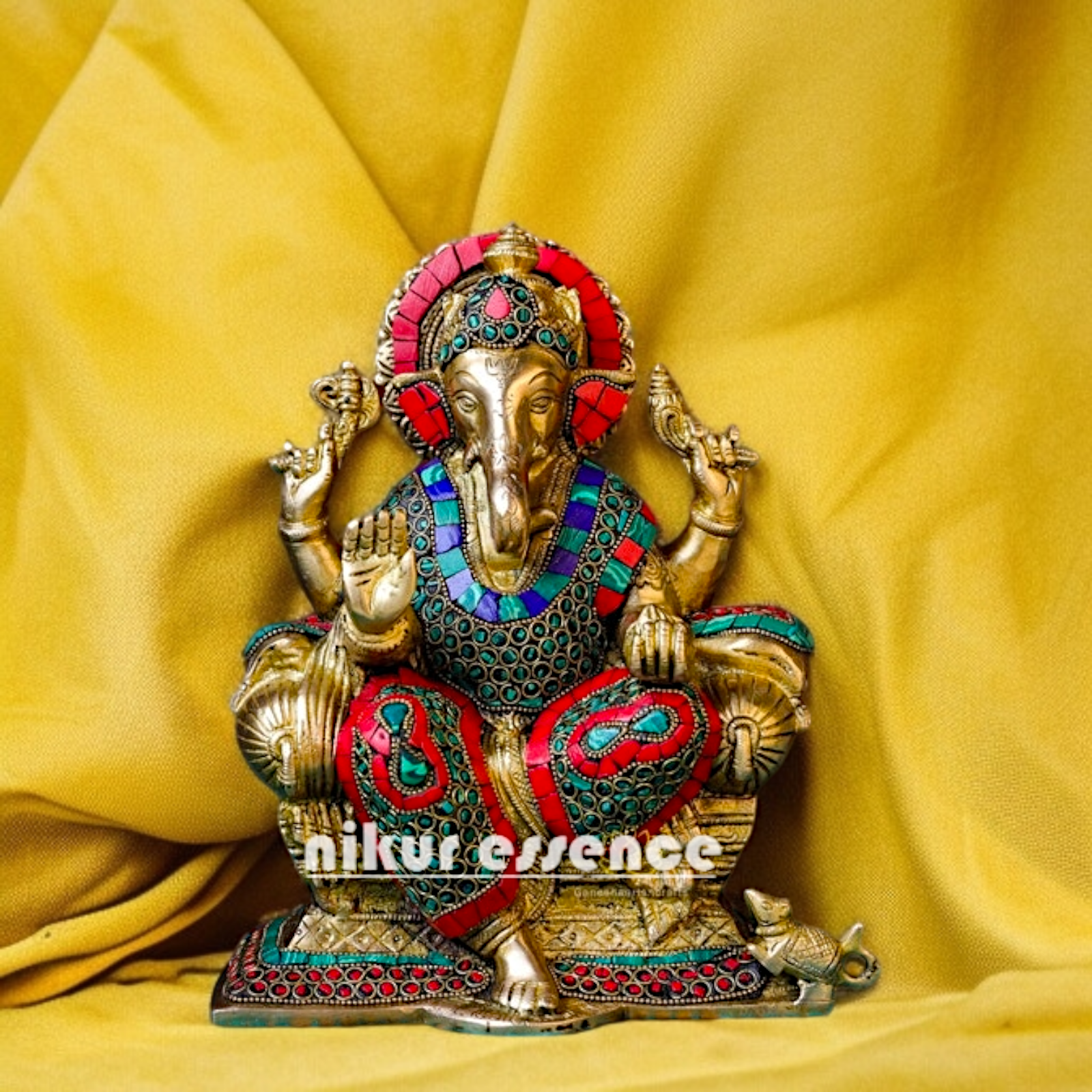 Lord Vinayaka Ganesha Blessing seated on singhasan Brass with stone work idol - 9 Inches Nikuressence