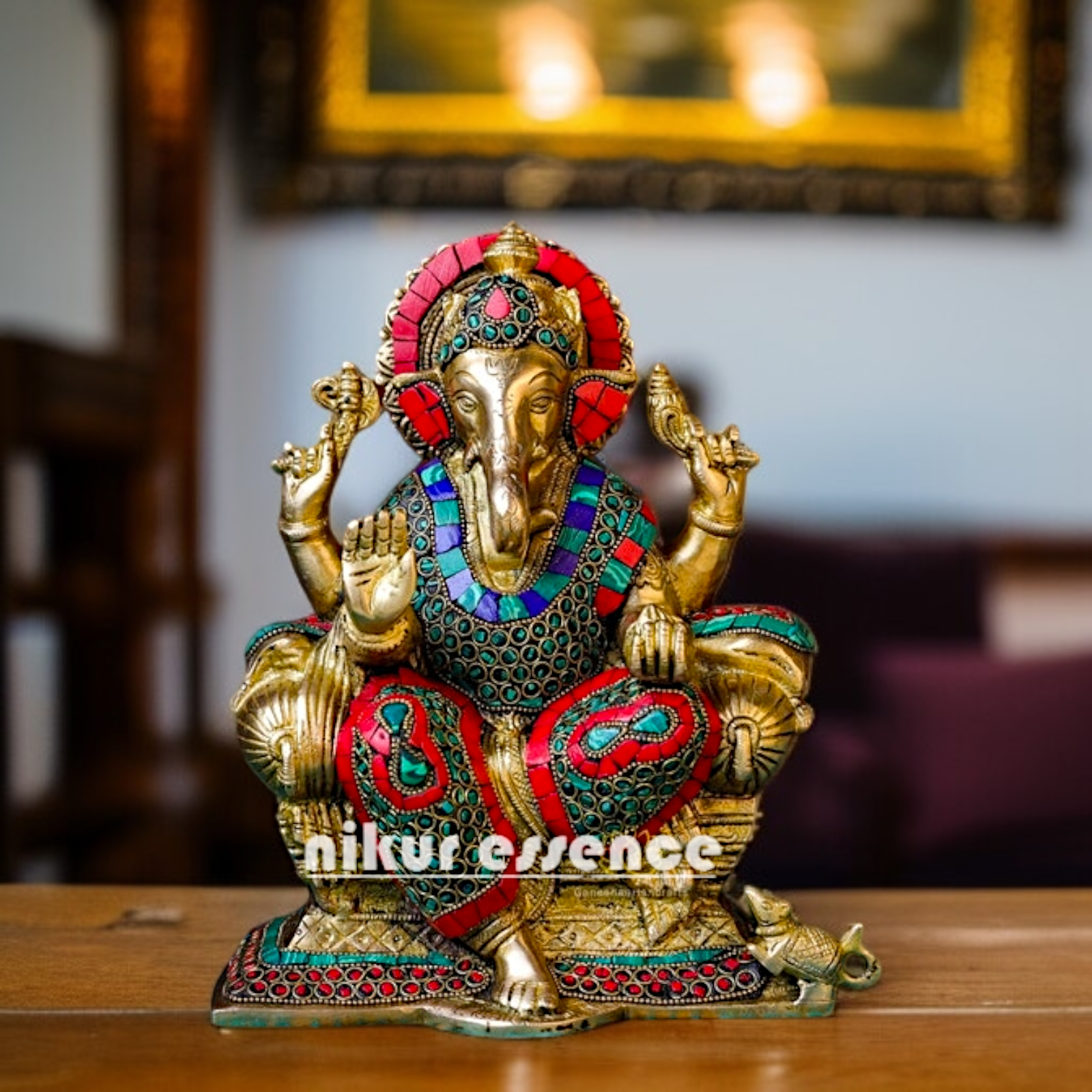 Lord Vinayaka Ganesha Blessing seated on singhasan Brass with stone work idol - 9 Inches Nikuressence