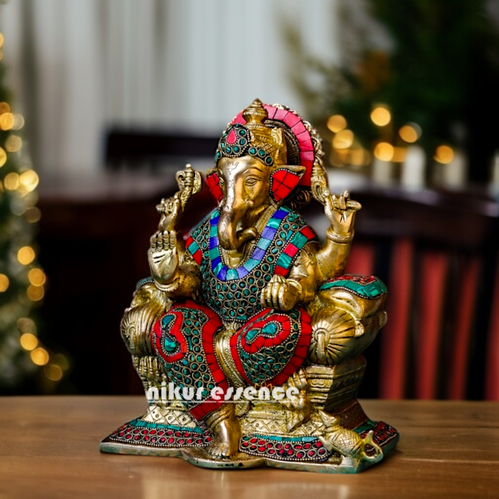 Lord Vinayaka Ganesha Blessing seated on singhasan Brass with stone work idol - 9 Inches Nikuressence