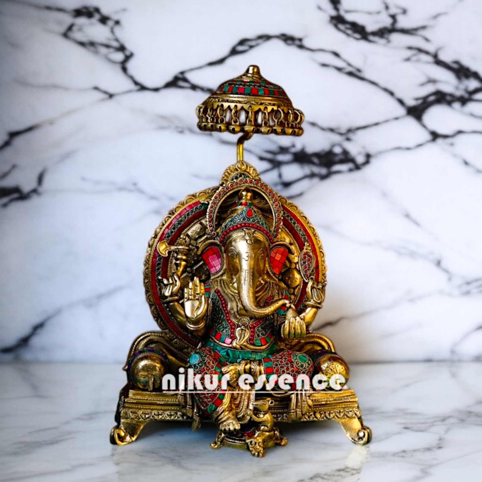 Ganesha Vinayaka Blessing seated on singhasan with umbrella and Bells Brass stone work idol - 19.291 inches Nikuressence