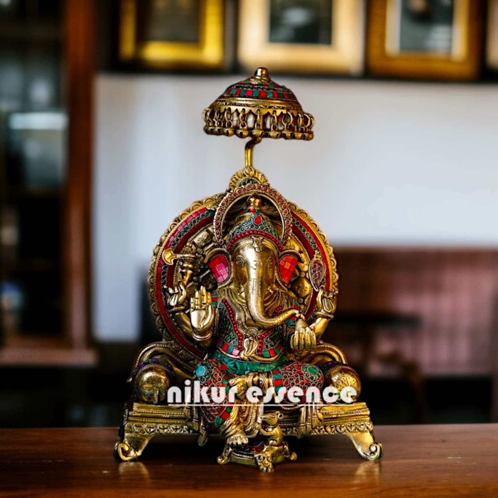 Ganesha Vinayaka Blessing seated on singhasan with umbrella and Bells Brass stone work idol - 19.291 inches Nikuressence