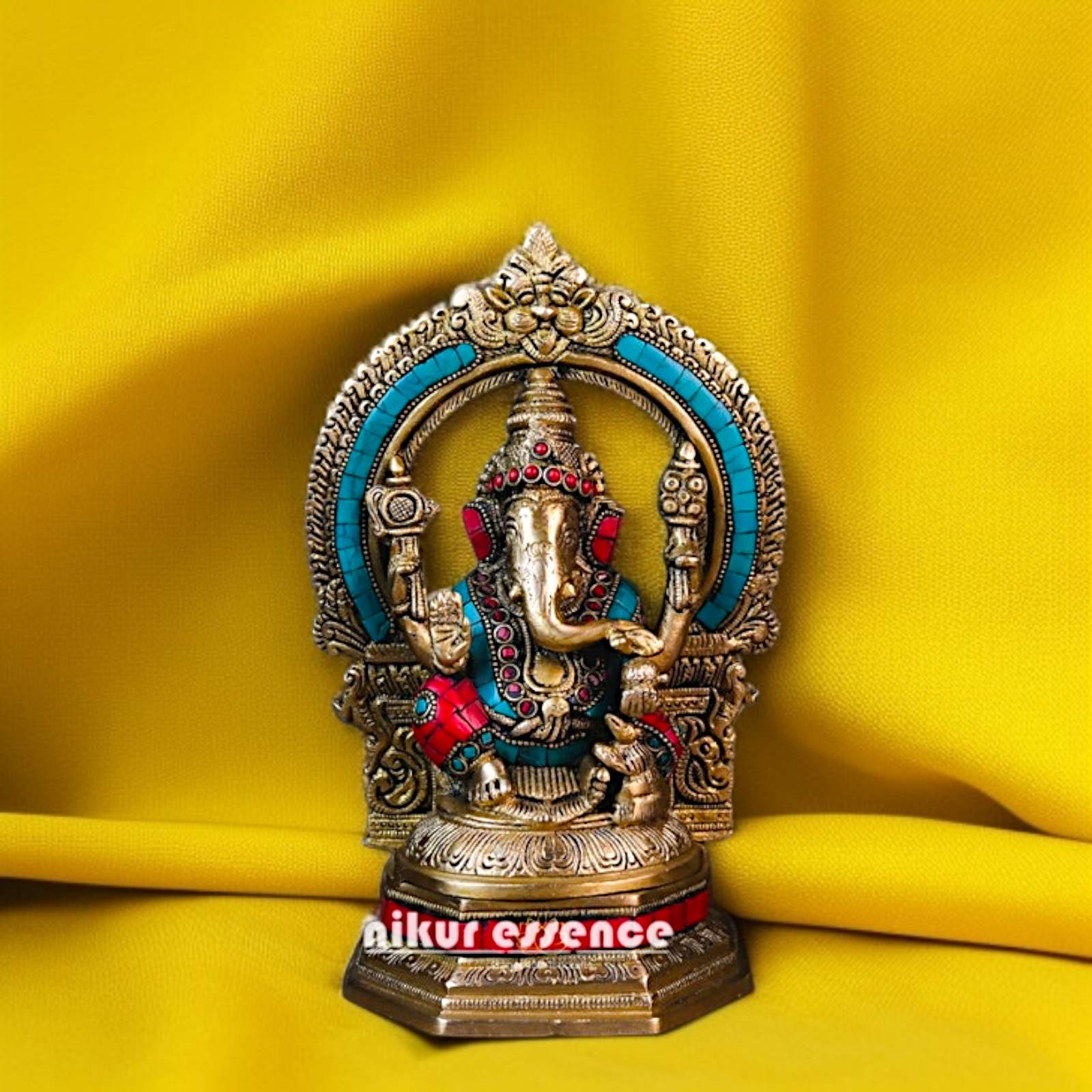 Lord Ganpati Ganesha Blessing with seated Brass stone work idol - 10 Inches Nikuressence