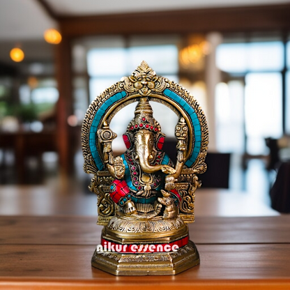 Lord Ganpati Ganesha Blessing with seated Brass stone work idol - 10 Inches Nikuressence