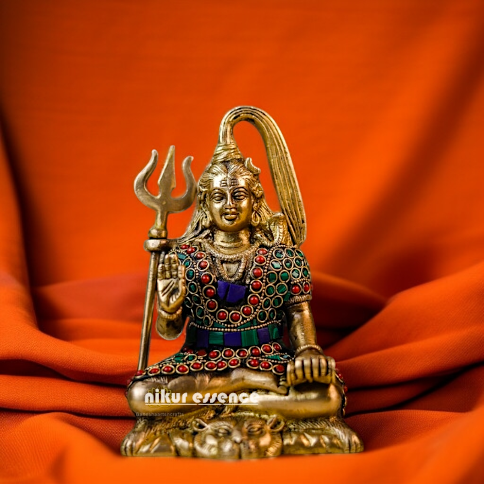 Lord Shiva Mahadev ji Seated with Blessing Brass stone work idol - 7.5 Inches Nikuressence