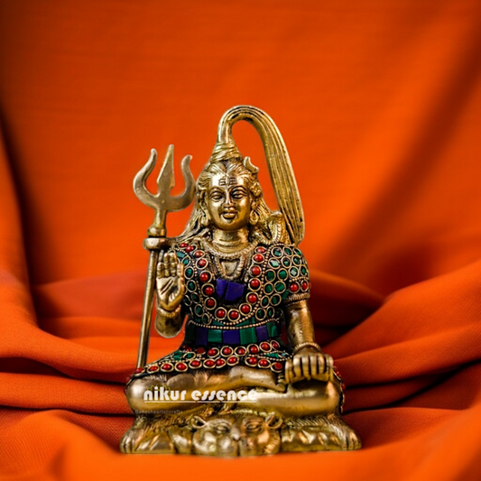 Lord Shiva Mahadev ji Seated with Blessing Brass stone work idol - 7.5 Inches Nikuressence