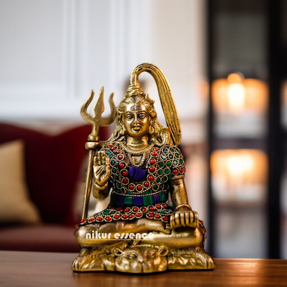 Lord Shiva Mahadev ji Seated with Blessing Brass stone work idol - 7.5 Inches Nikuressence