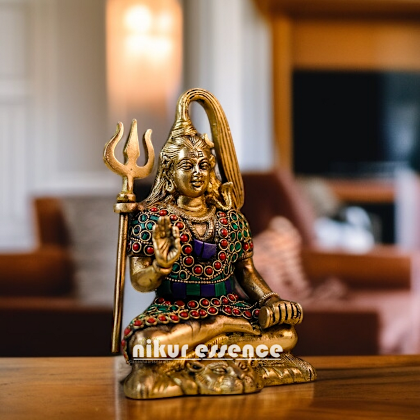 Lord Shiva Mahadev ji Seated with Blessing Brass stone work idol - 7.5 Inches Nikuressence