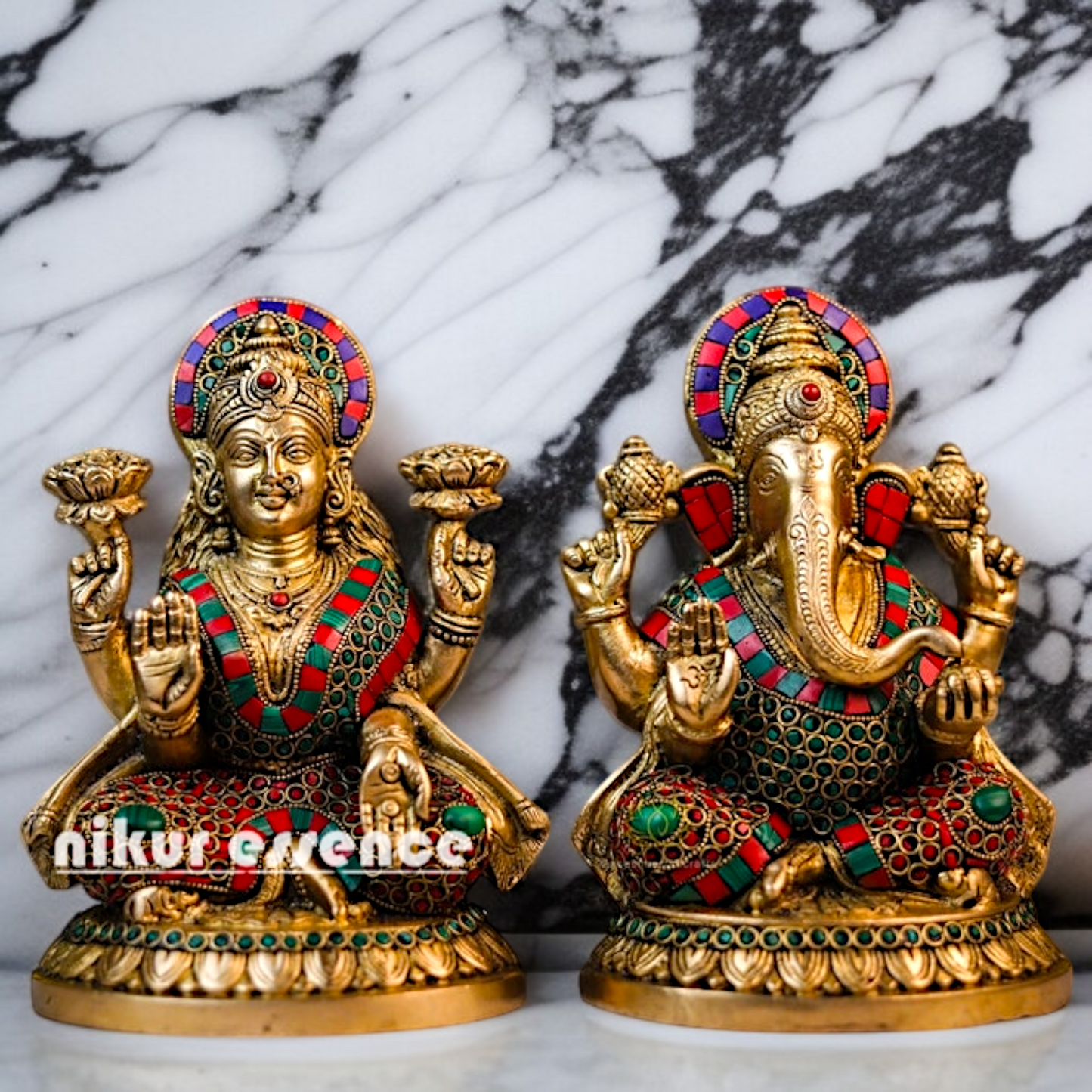 Ganesha with Lakshmi Devi Blessing with seated Brass stone work idol - 8.5 Inches Nikuressence