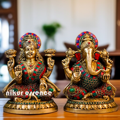 Ganesha with Lakshmi Devi Blessing with seated Brass stone work idol - 8.5 Inches Nikuressence