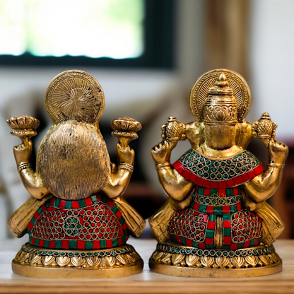 Ganesha with Lakshmi Devi Blessing with seated Brass stone work idol - 8.5 Inches Nikuressence