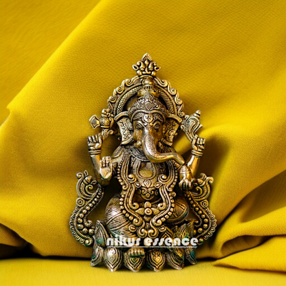 Pure Brass Ganesha Blessing seated on Lotus idol - 10 Inches Nikuressence