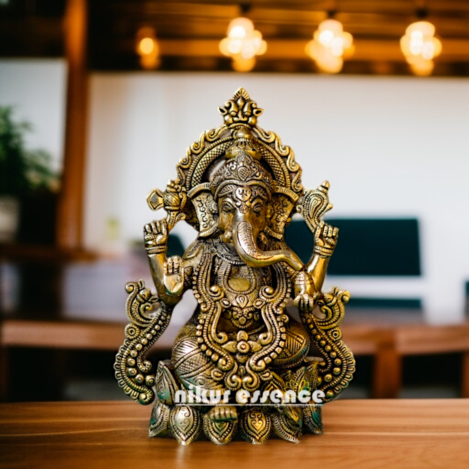 Pure Brass Ganesha Blessing seated on Lotus idol - 10 Inches Nikuressence