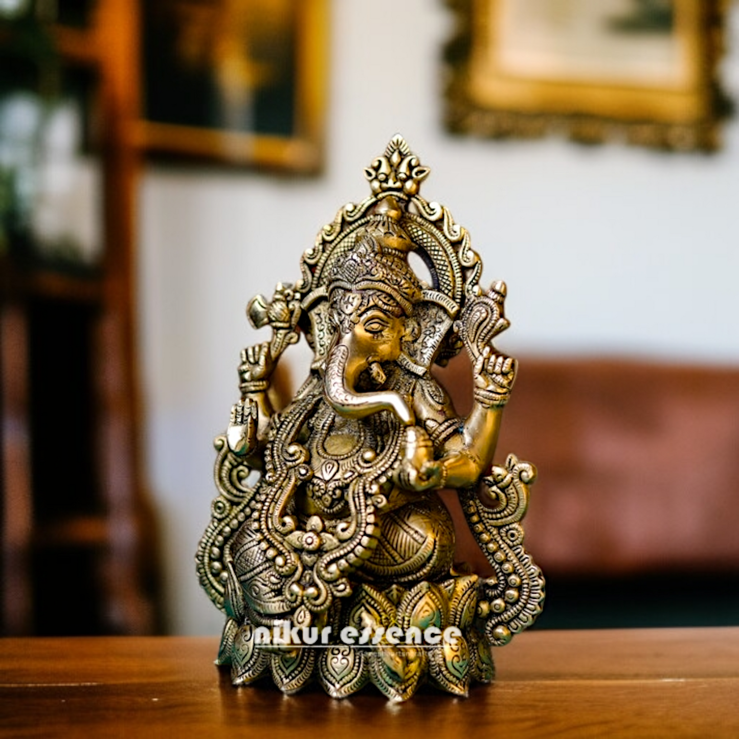 Pure Brass Ganesha Blessing seated on Lotus idol - 10 Inches Nikuressence
