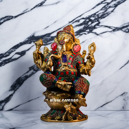 Lord Ganesha Blessing seated Brass with stone work idol - 15 Inches Nikuressence