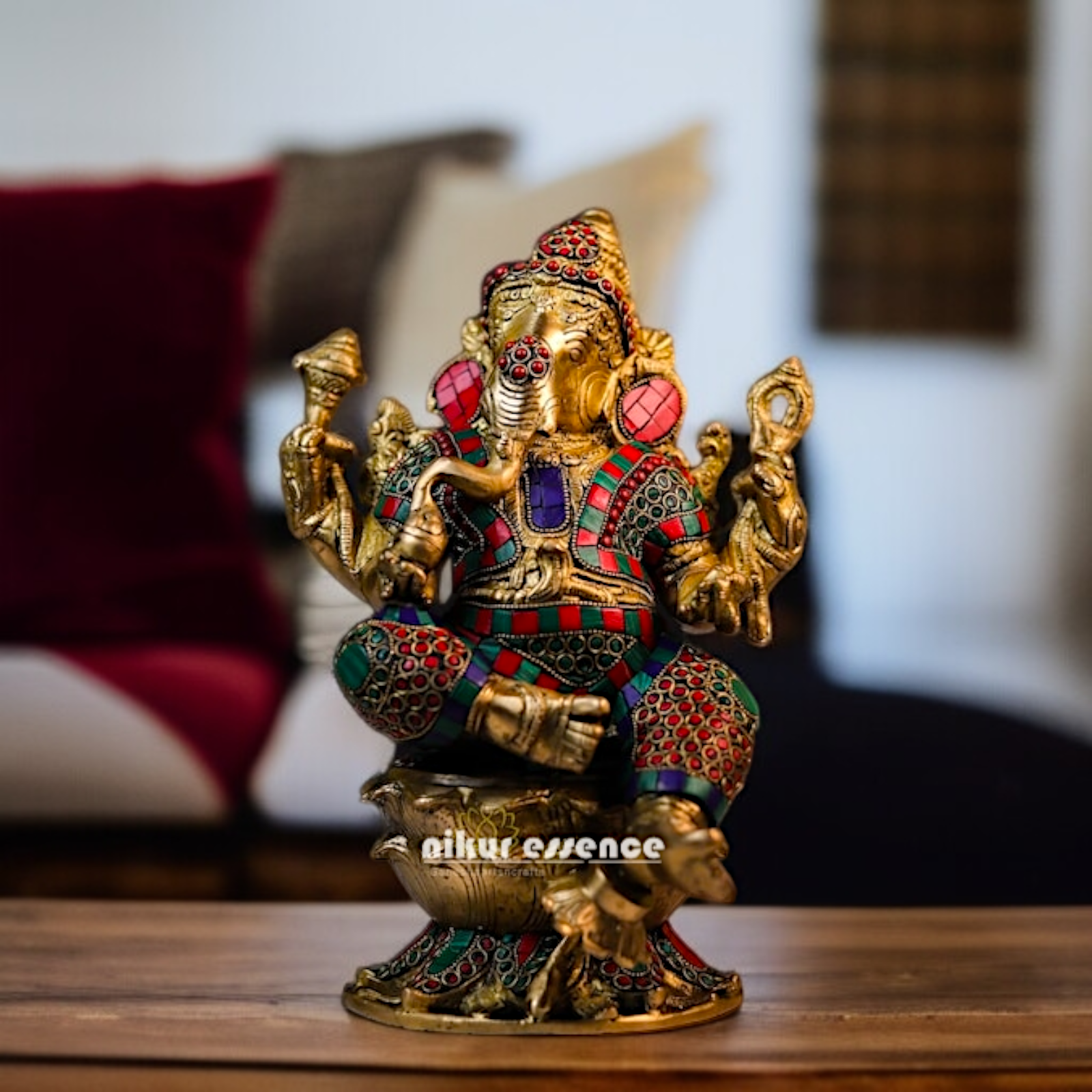 Lord Ganesha Blessing seated Brass with stone work idol - 15 Inches Nikuressence