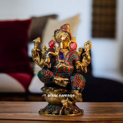 Lord Ganesha Blessing seated Brass with stone work idol - 15 Inches Nikuressence