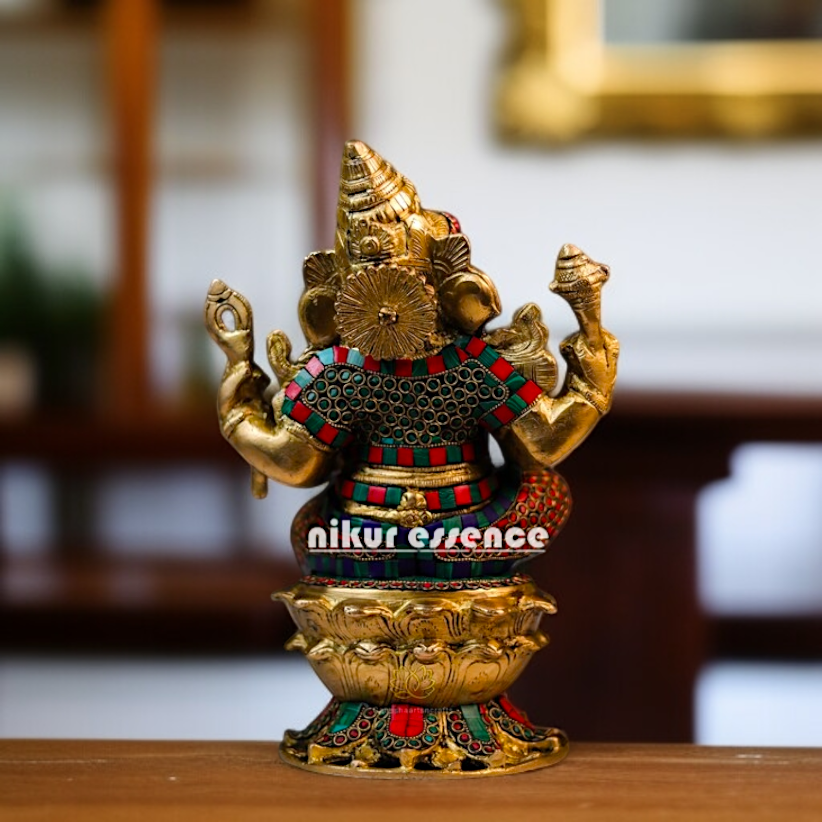 Lord Ganesha Blessing seated Brass with stone work idol - 15 Inches Nikuressence
