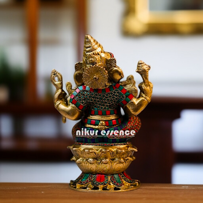 Lord Ganesha Blessing seated Brass with stone work idol - 15 Inches Nikuressence