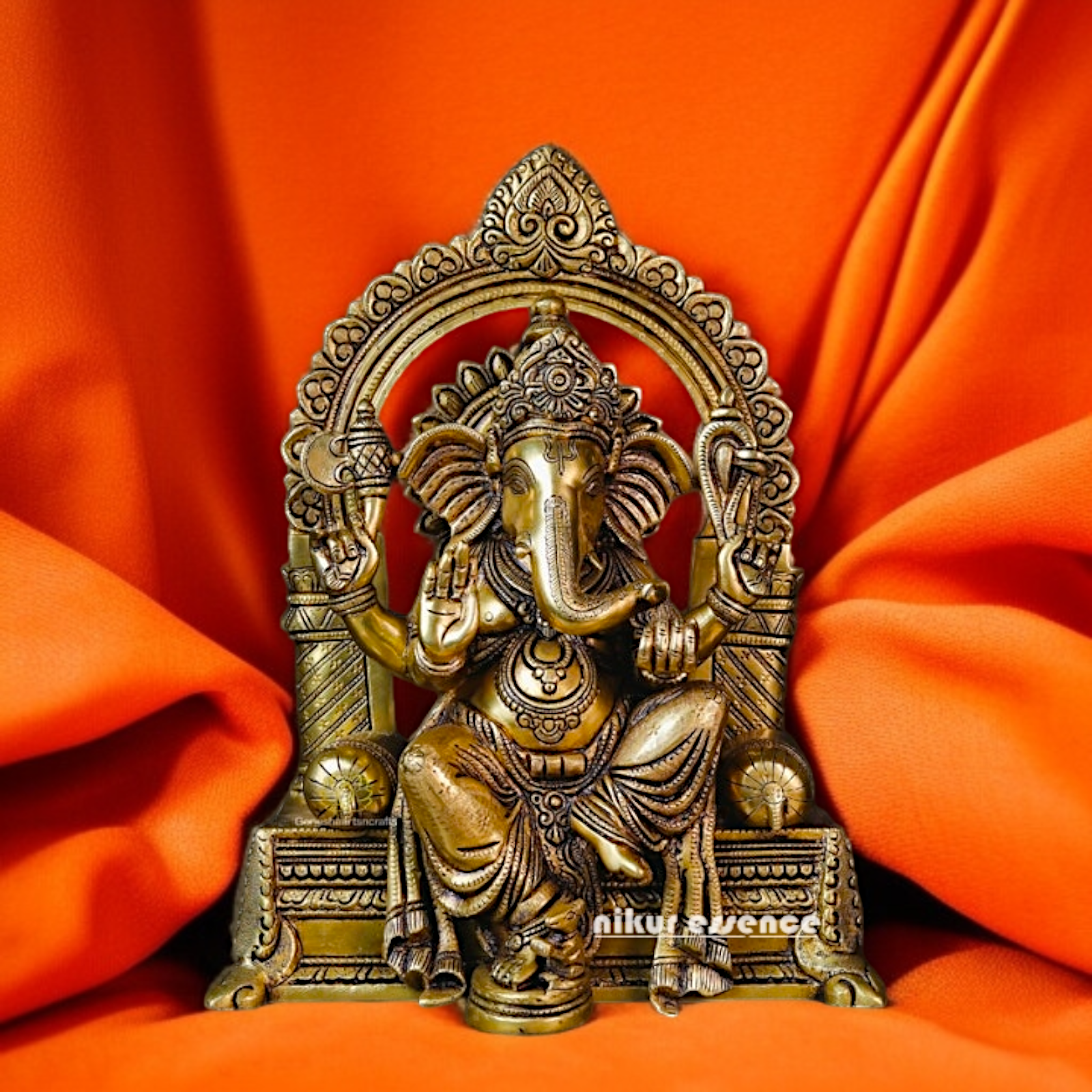 Ganesha Seated on singhasan Blessing Brass idol - 16.535 Inches Nikuressence
