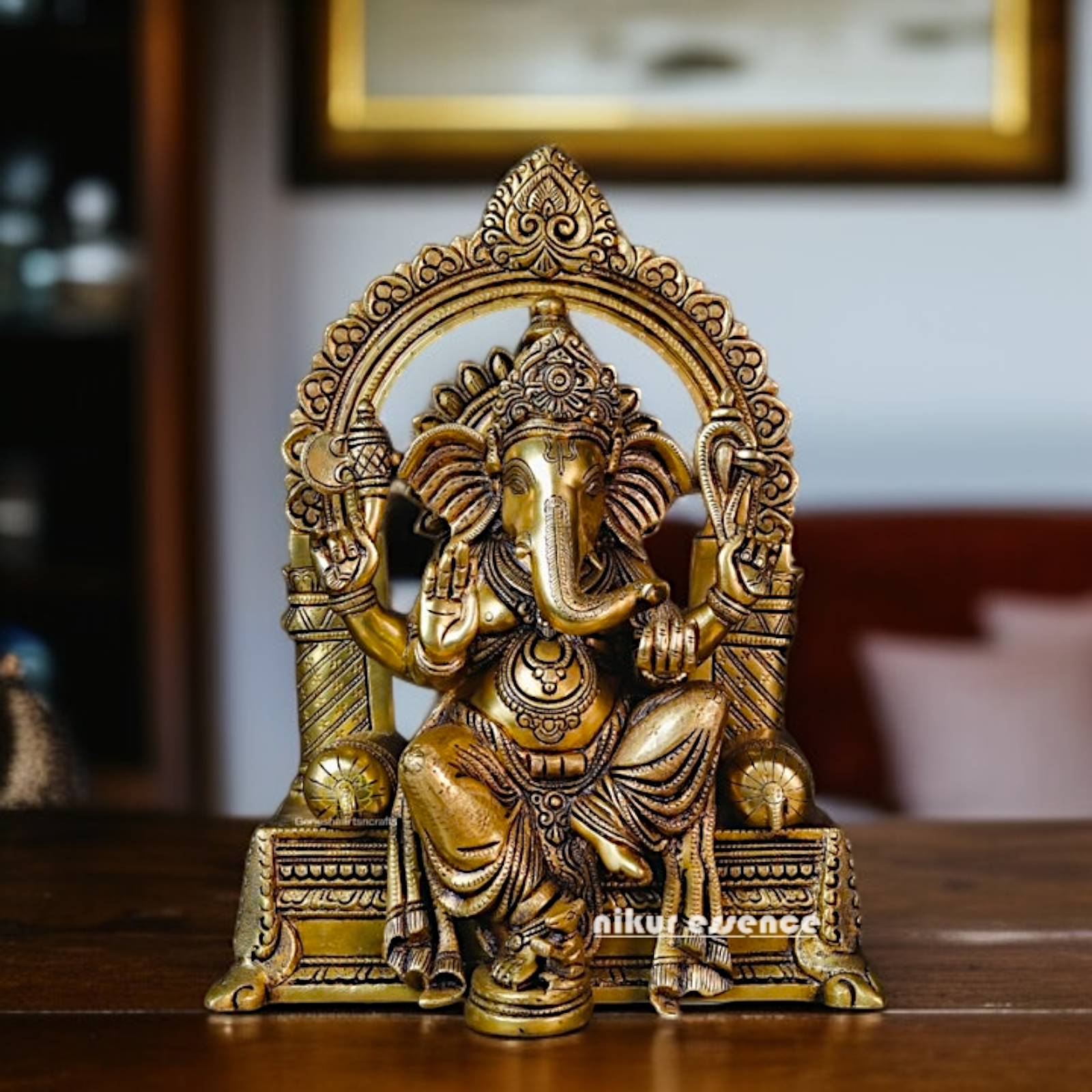 Ganesha Seated on singhasan Blessing Brass idol - 16.535 Inches Nikuressence