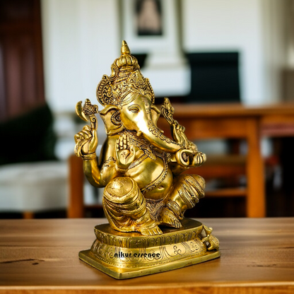 Pure Brass Vinayaka Ganesha seated with Blessing statue - 16 Inches Nikuressence