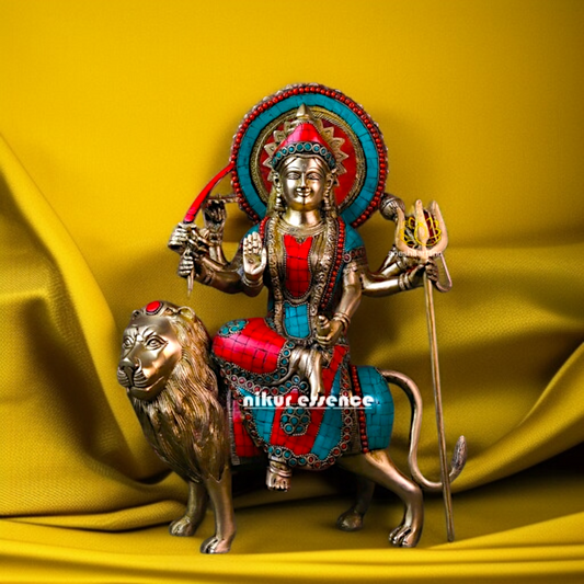 Goddess Durga Sherawali Maa navratri Brass with stone work idol - 15.354 inches Nikuressence