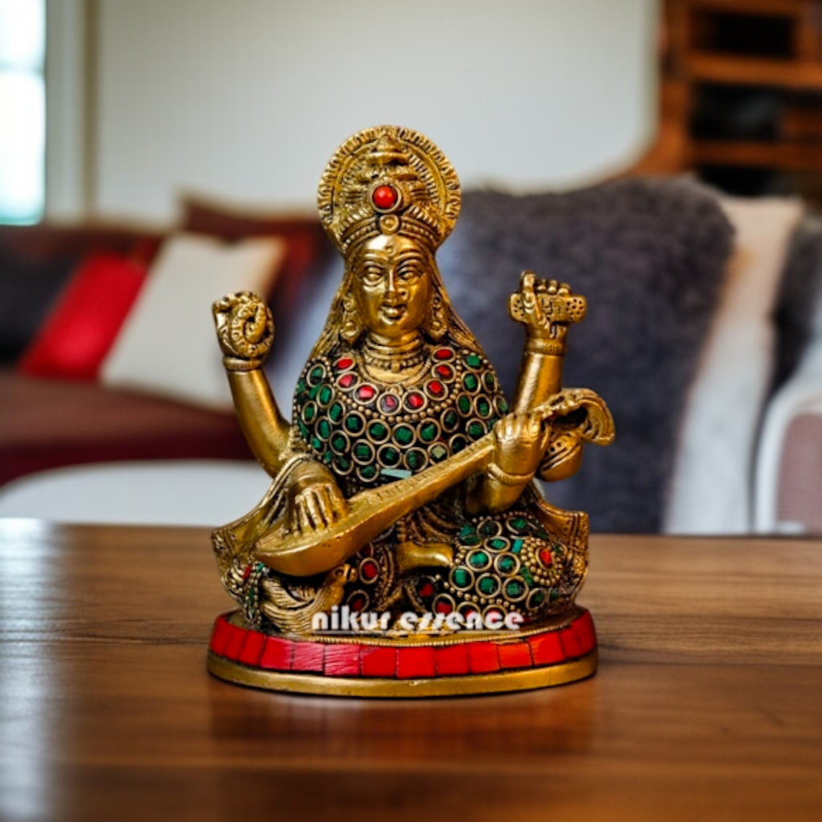 Saraswati Maa Playing Veena Seated Brass with stone work idol - 6 Inches Nikuressence