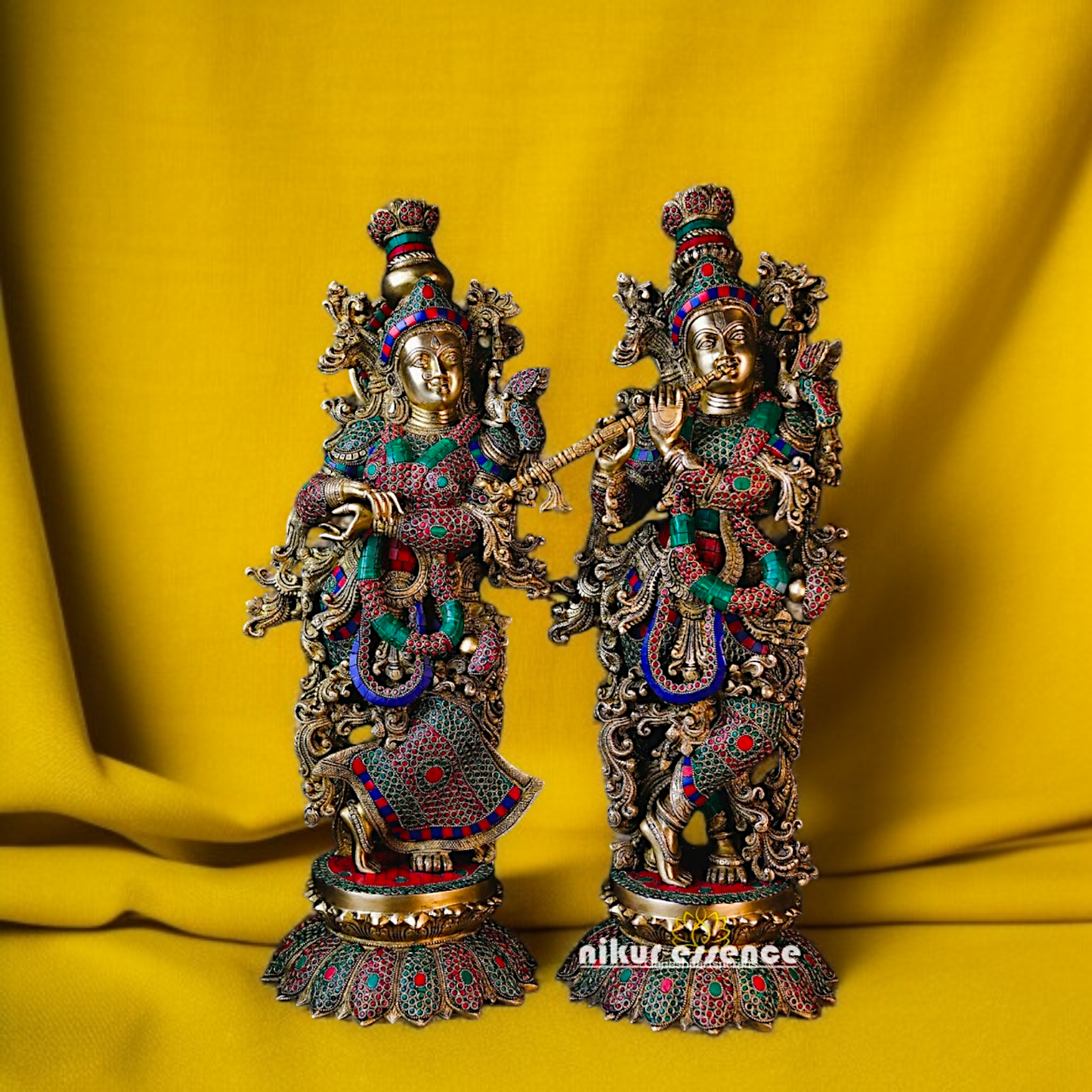 Radha Krishna Blessing with Standing Brass stone work idol - 28 Inches Nikuressence