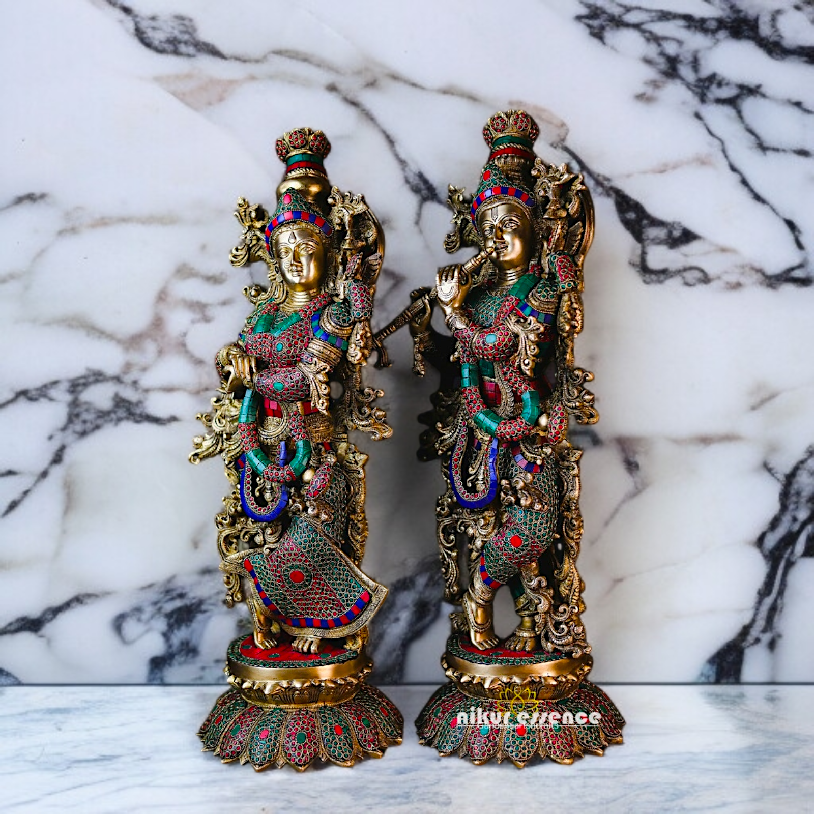 Radha Krishna Blessing with Standing Brass stone work idol - 28 Inches Nikuressence