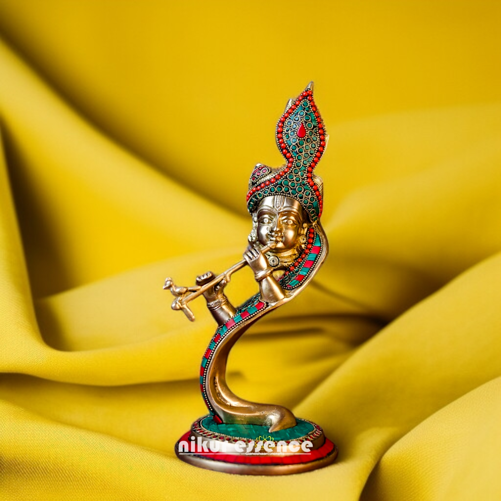 Brass Stylish Krishna Playing Flute with stone work idol - 13 Inches Nikuressence