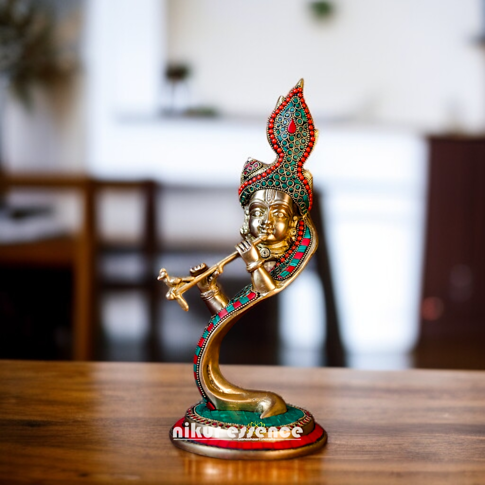 Brass Stylish Krishna Playing Flute with stone work idol - 13 Inches Nikuressence