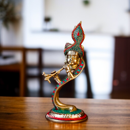 Brass Stylish Krishna Playing Flute with stone work idol - 13 Inches Nikuressence