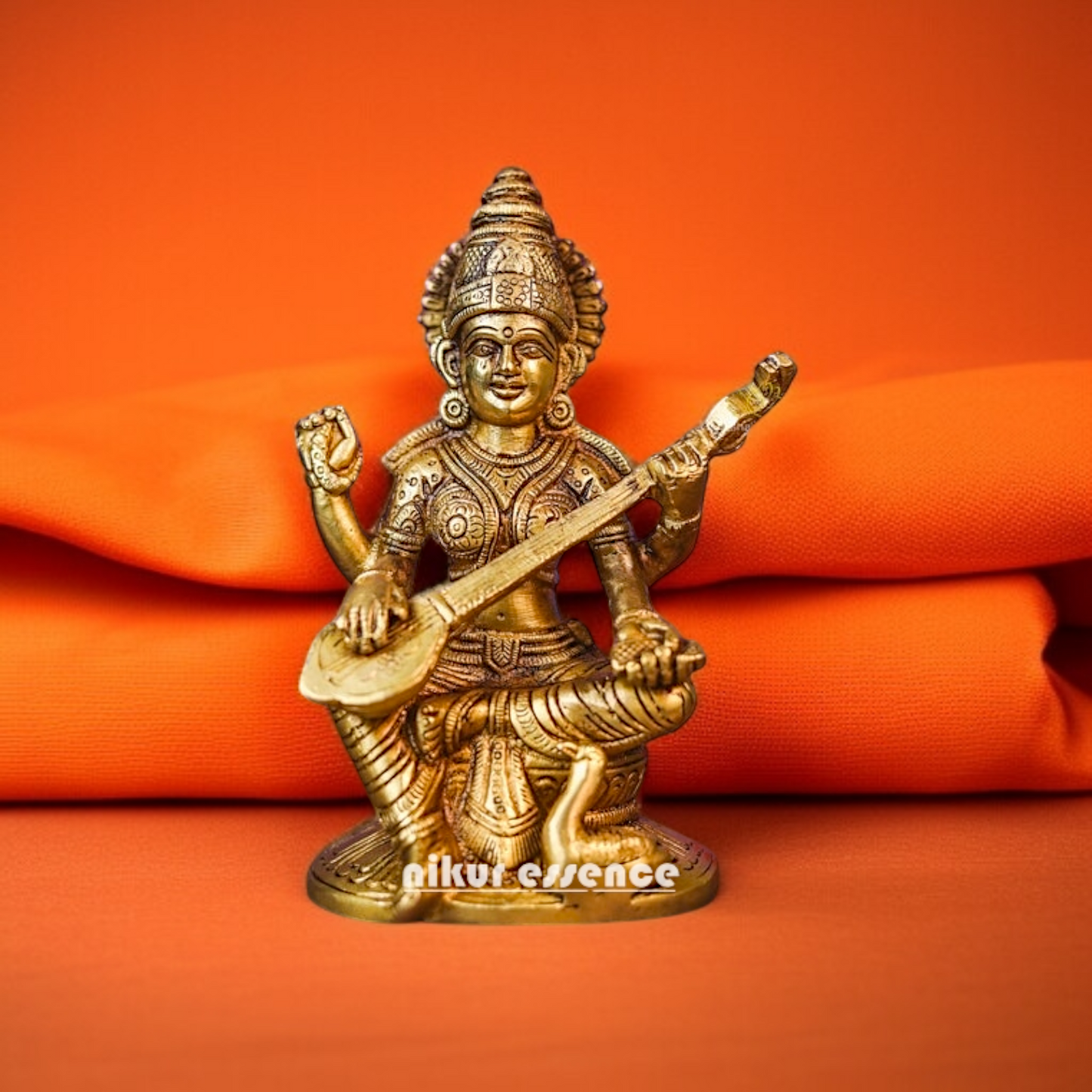 Goddess Saraswati mata Playing Veena Brass idol - 6.693 Inches Nikuressence