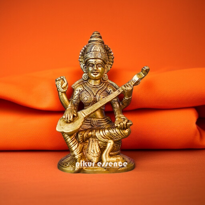 Goddess Saraswati mata Playing Veena Brass idol - 6.693 Inches Nikuressence