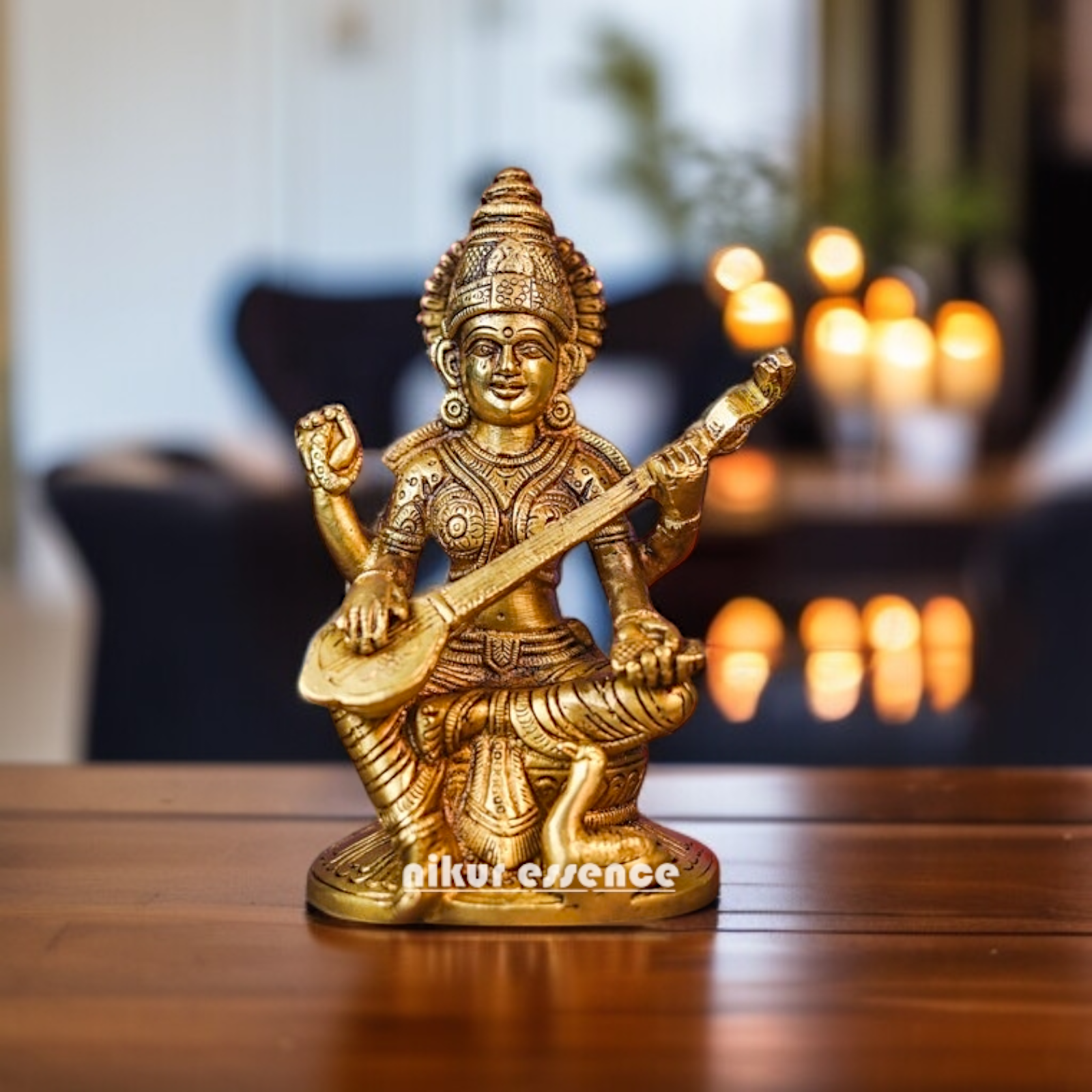 Goddess Saraswati mata Playing Veena Brass idol - 6.693 Inches Nikuressence