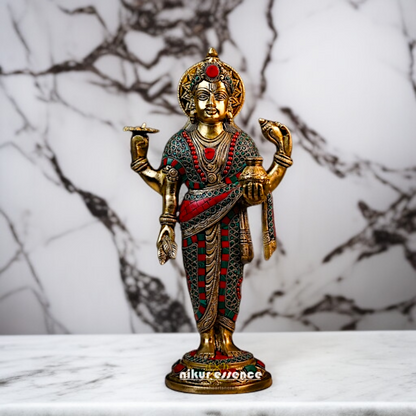 Brass Dhanvantri standing with Four Armed stone work idol - 15.5 Inches Nikuressence