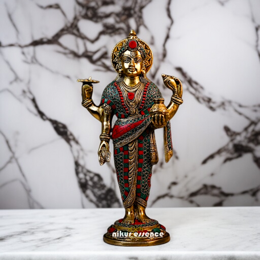 Brass Dhanvantri standing with Four Armed stone work idol - 15.5 Inches Nikuressence