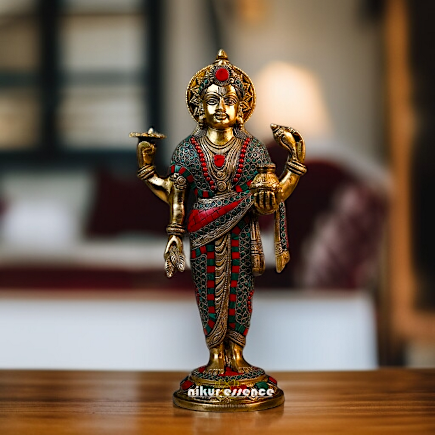 Brass Dhanvantri standing with Four Armed stone work idol - 15.5 Inches Nikuressence