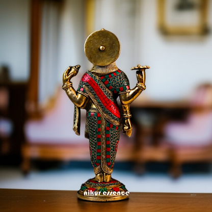 Brass Dhanvantri standing with Four Armed stone work idol - 15.5 Inches Nikuressence